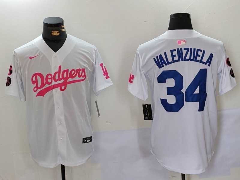 Men%27s Los Angeles Dodgers #34 Fernando Valenzuela White Pink Vin & Kobe Patch Stitched Baseball Jersey